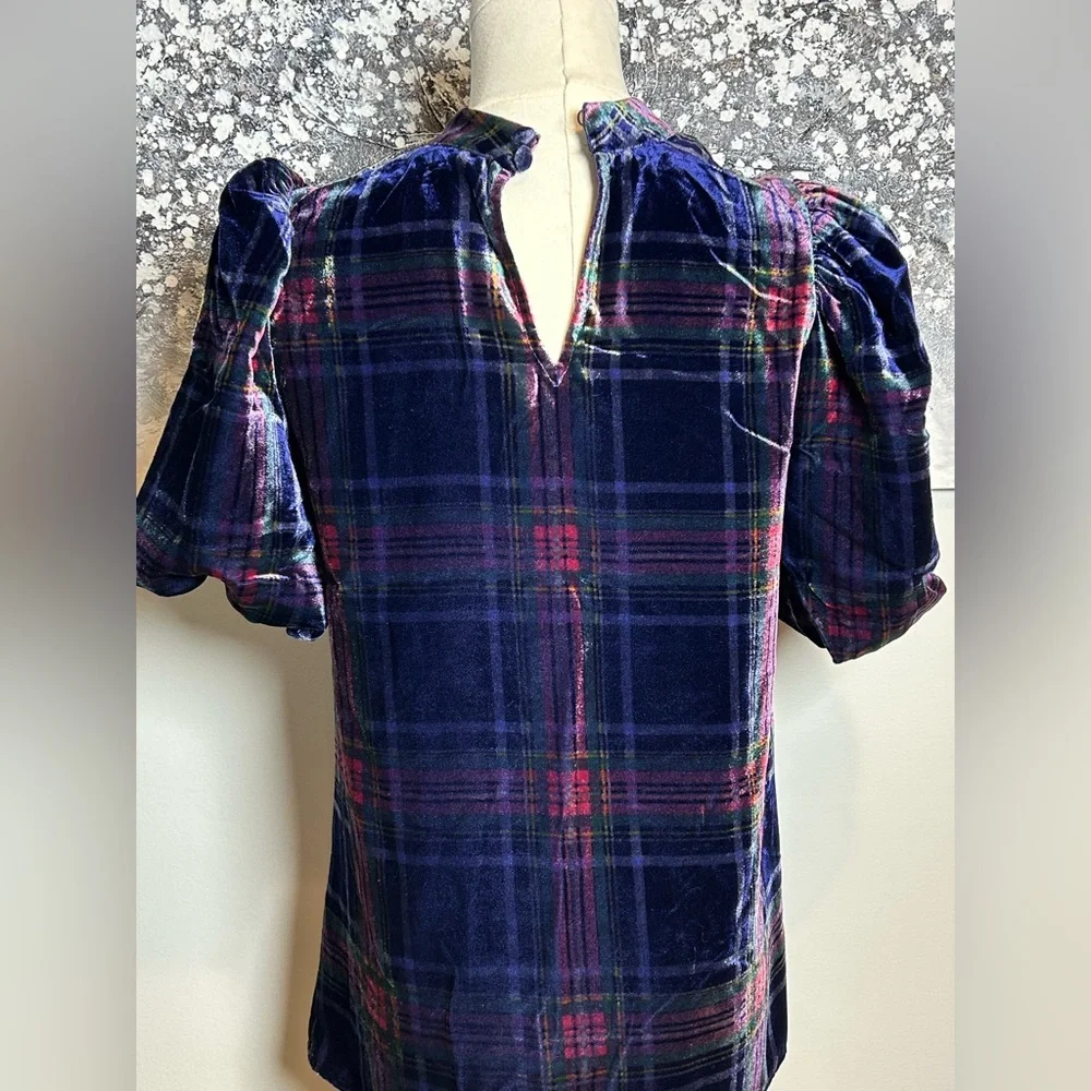Boden Velvet Plaid Puff Sleeve Top - Navy, Red & Green size US 4 UK 8